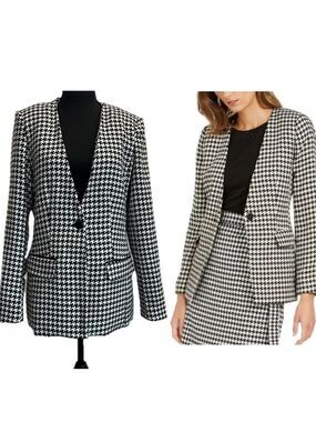 T Tahari black white houndstooth single breasted blazer classy Sz 10